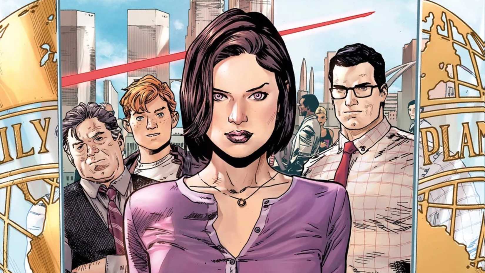 Lois Lane standing at the doors of the Daily Planet, her coworkers behind her.