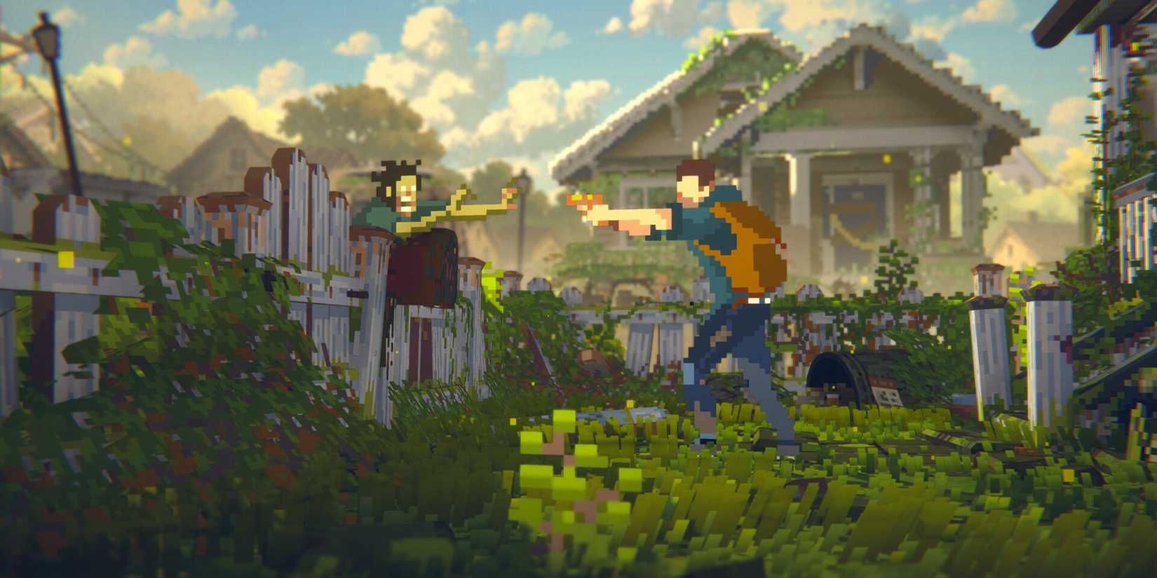 Long Gone screenshot of man pointing a gun at a zombie in a pixel art yard