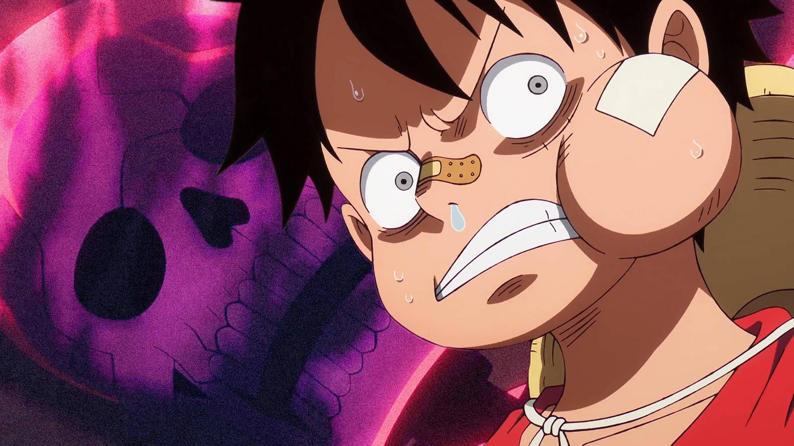 Luffy from One Piece looking upset with St. Saturn's skull in the background