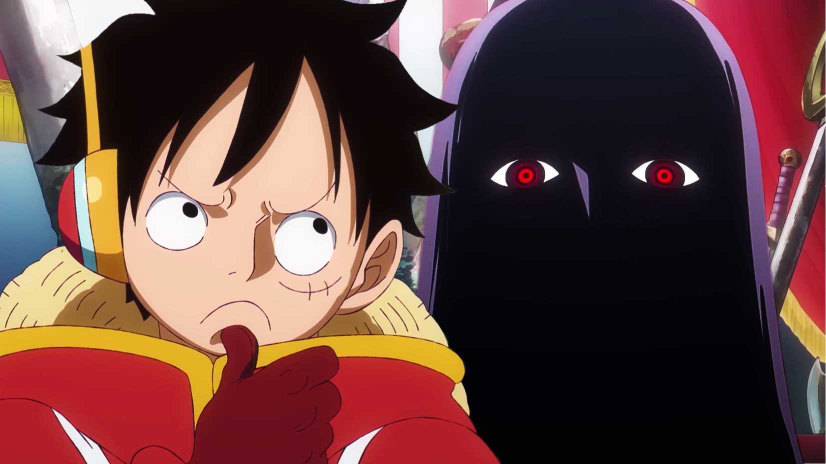 Luffy in thought with Imu in the background as seen in One Piece's anime