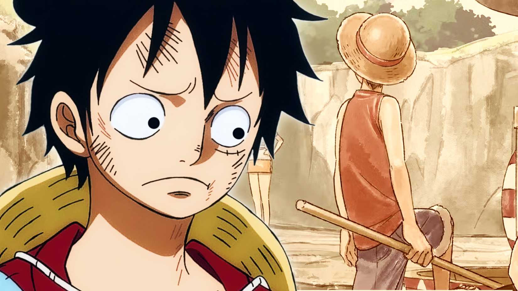 Luffy a l'air inquiet avec l'art conceptuel du remake de One Piece en arrière-plan