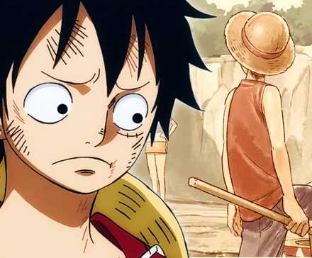 Luffy looking worried with concept art for the one piece remake in the background