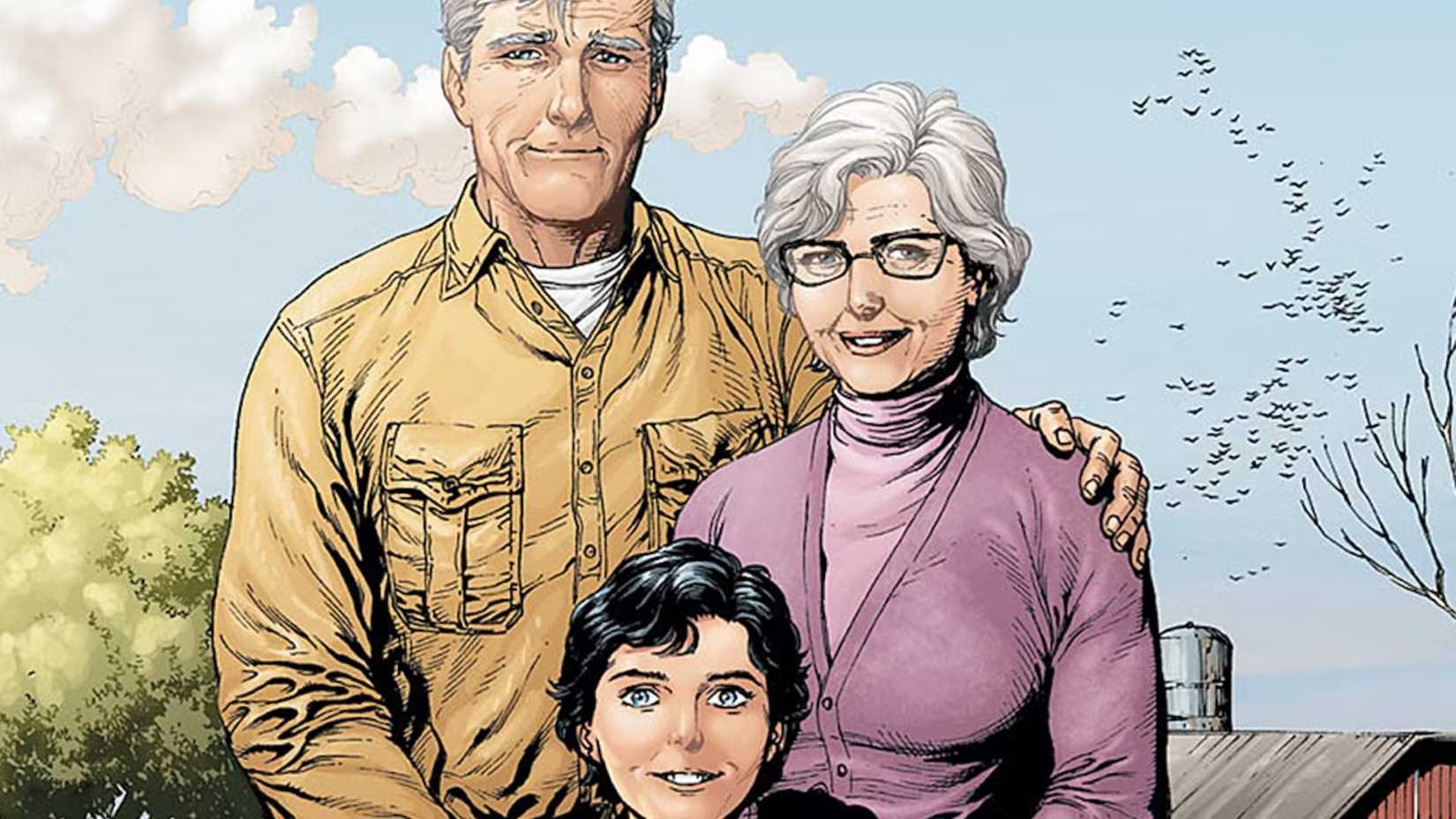 Ma and Pa Kent with a young Clark Kent.