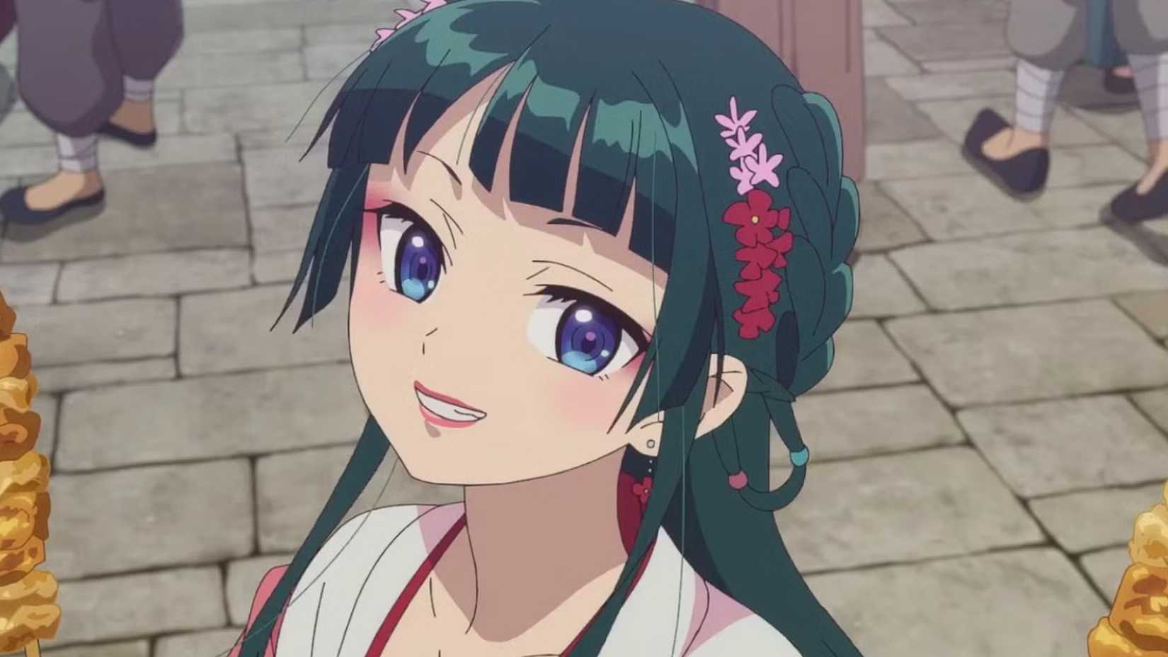 Maomao de The Apothecary Diaries souriant et maquillé