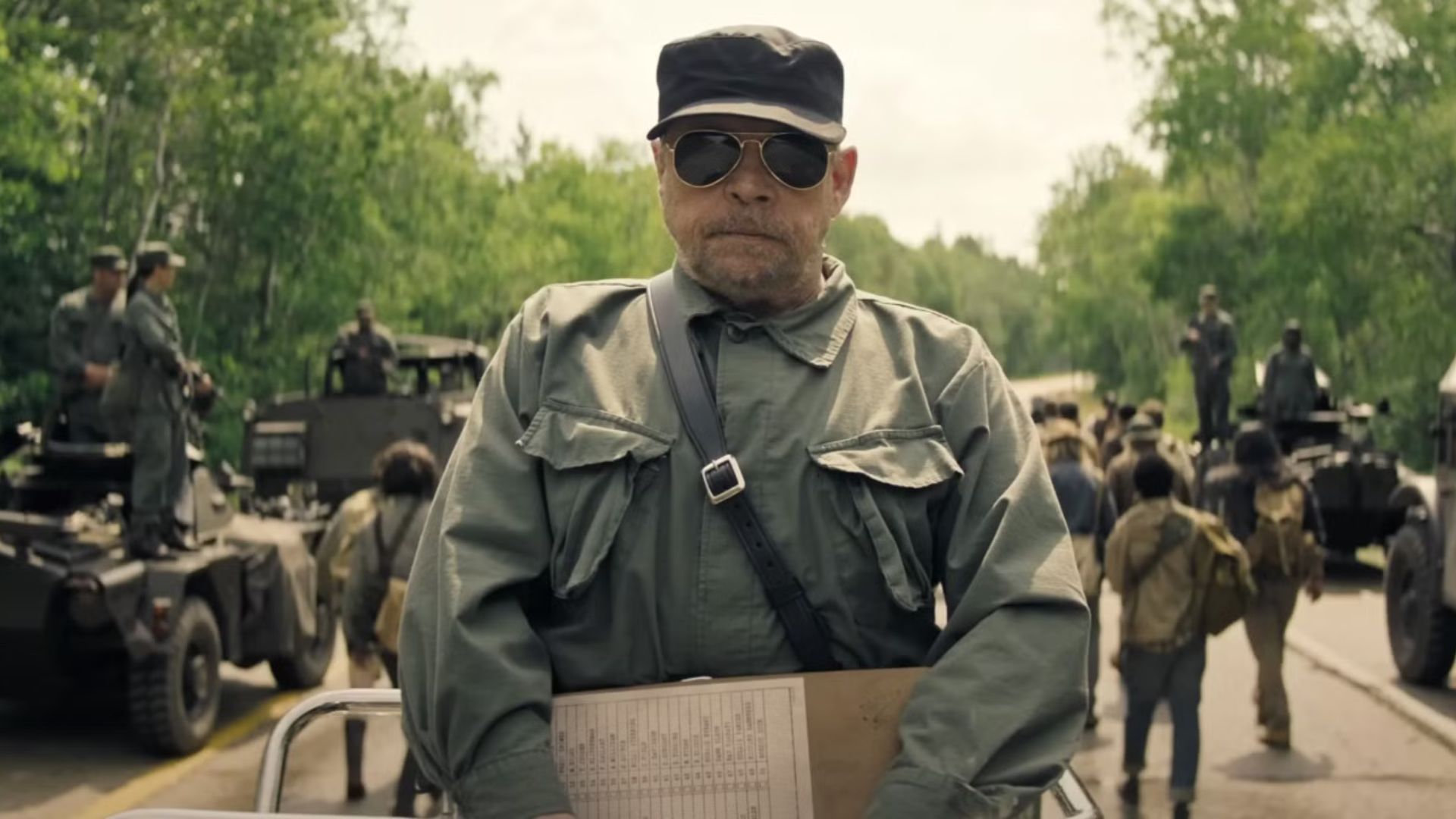 Mark Hamill as the Major in his jeep in The Long Walk