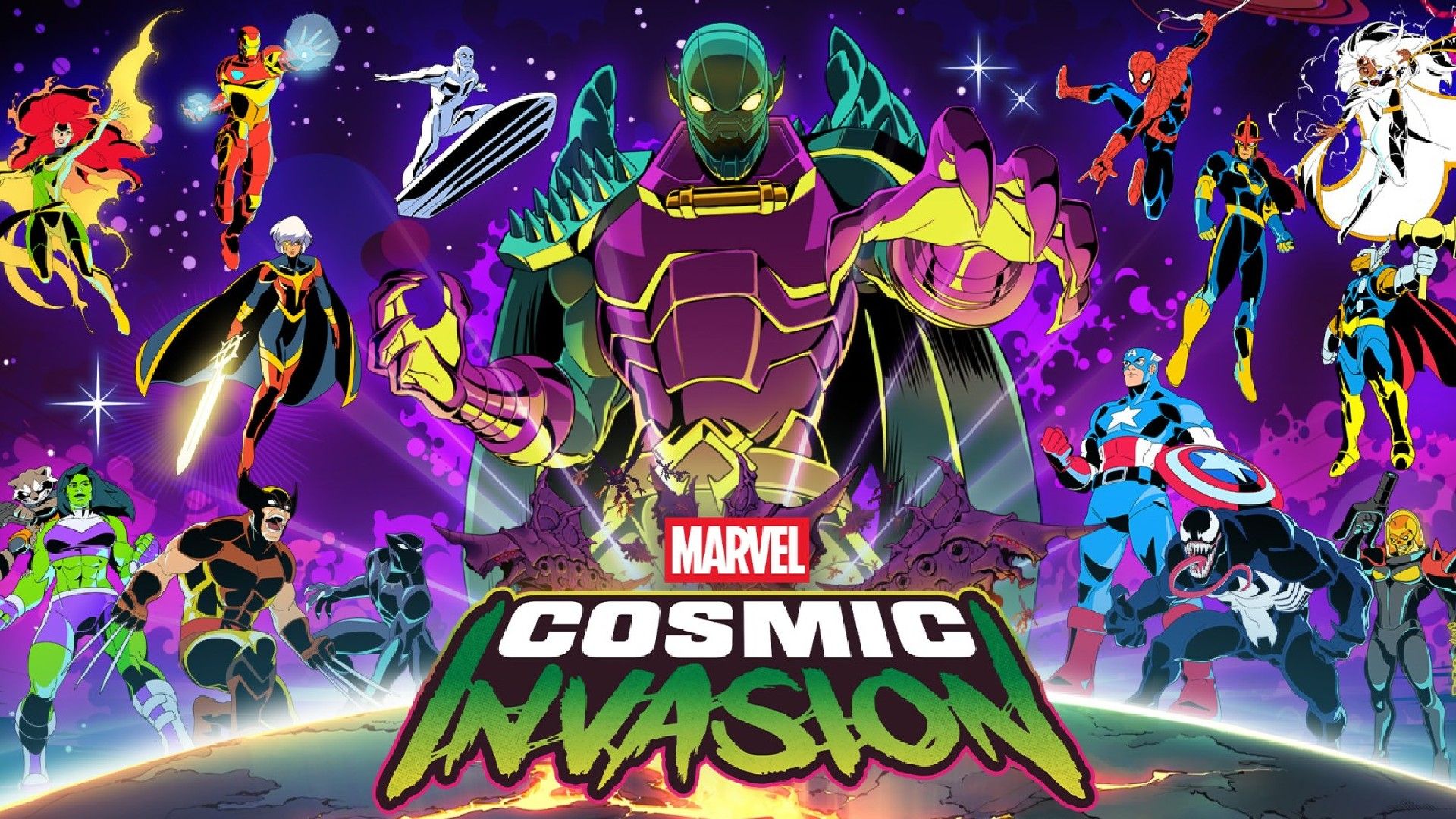 marvel cosmic invasion game art showing annihilus and the various playable heroes