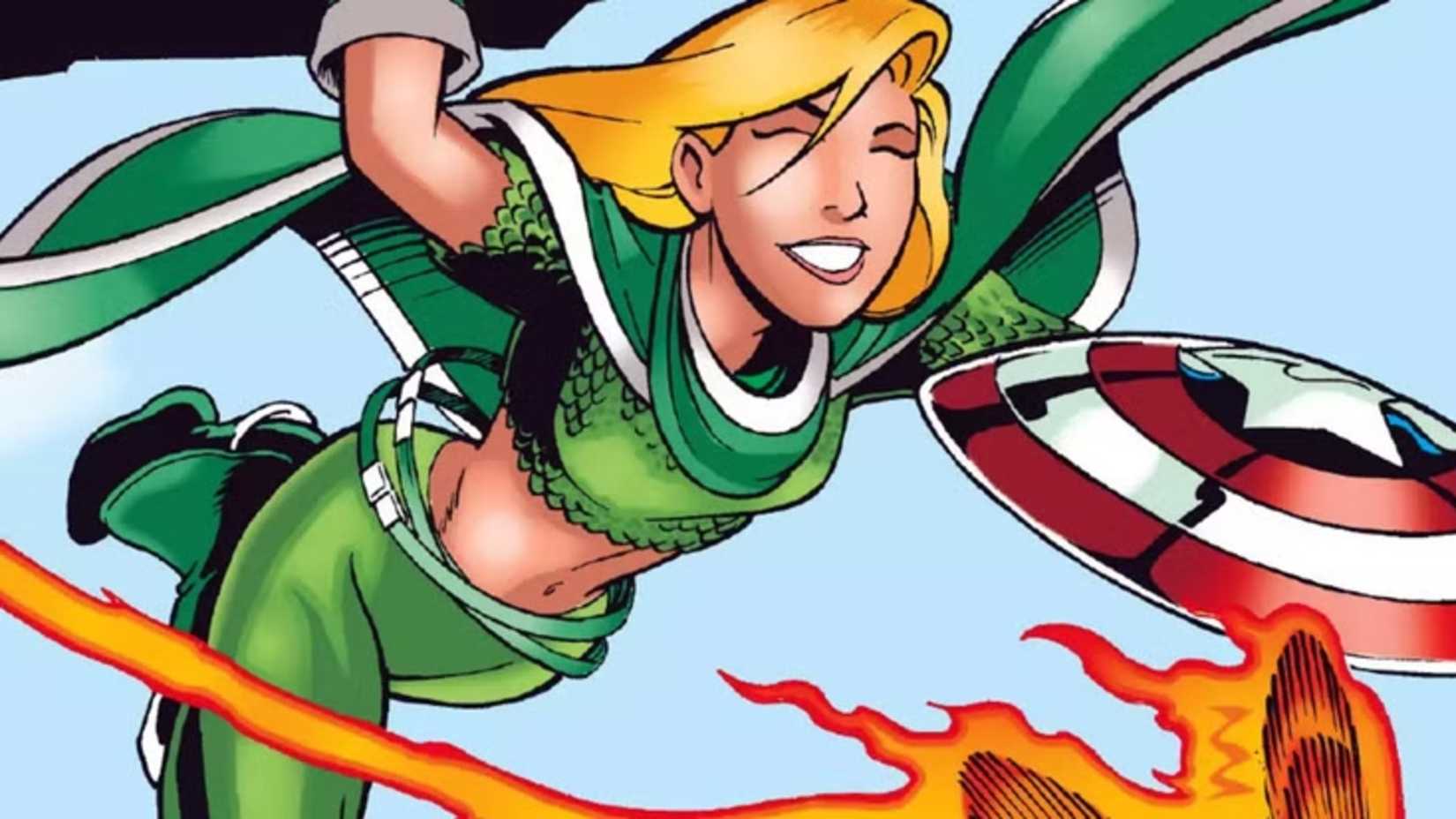 Sharon, Rogers aka Crusader, flying and carrying Captain America's shield. 