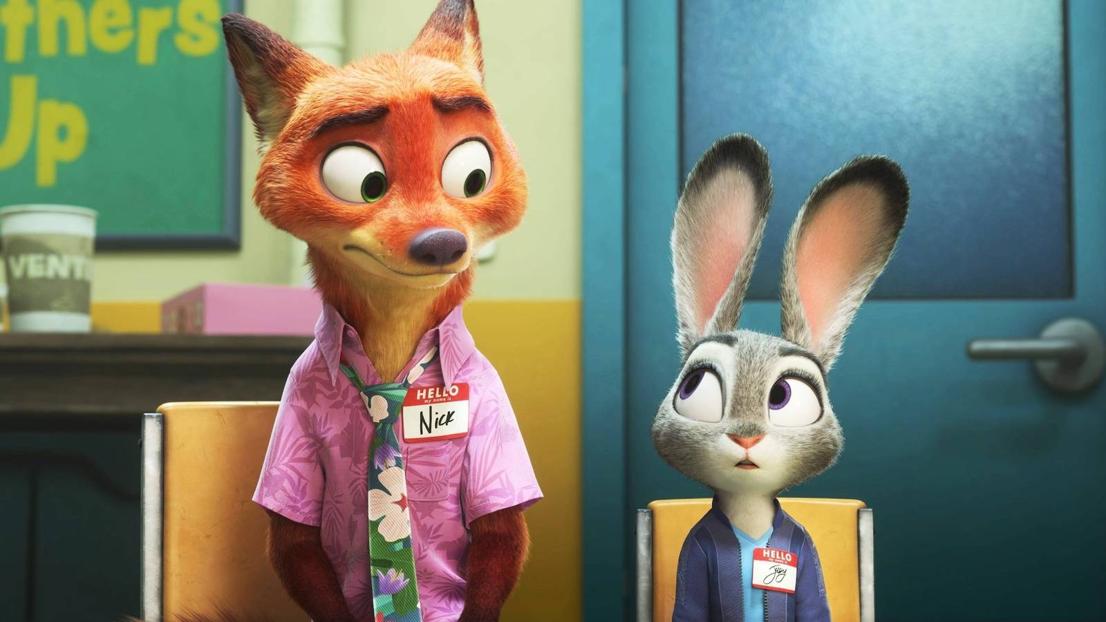 Nick Wilde and Judy Hopps looking at each other in Zootopia 2