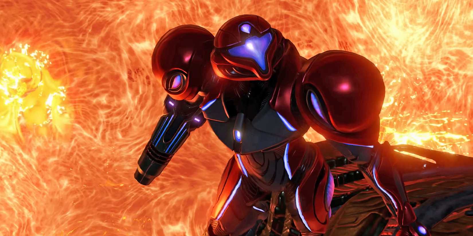 Metroid Prime 4 Beyond Samus in front of a fiery background