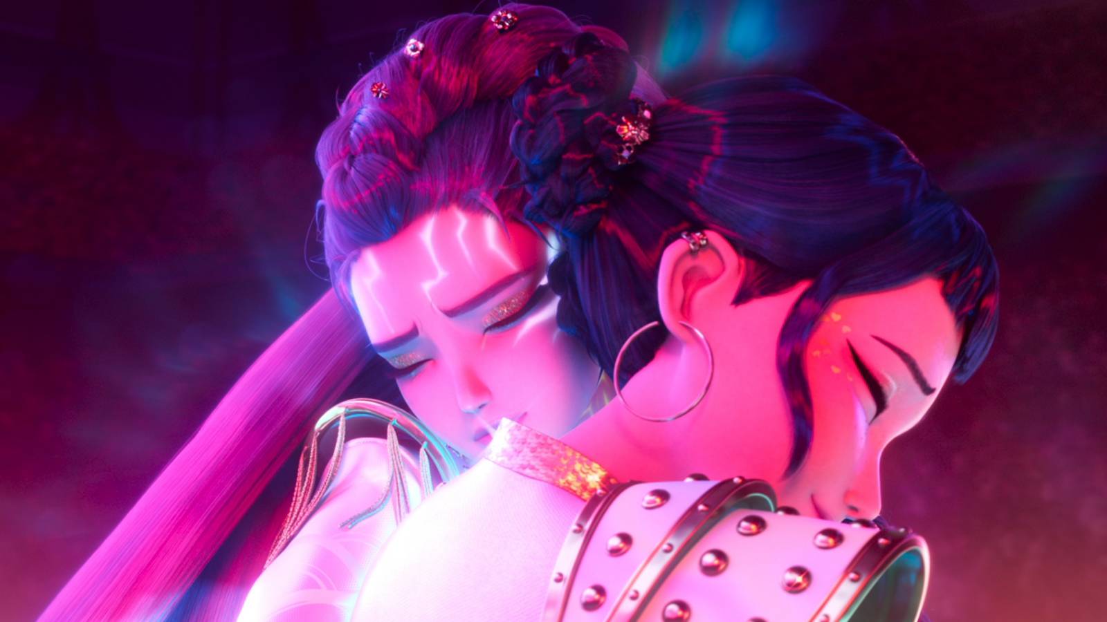 Mira, Rumi, and Zoey hugging each other in KPop Demon Hunters.