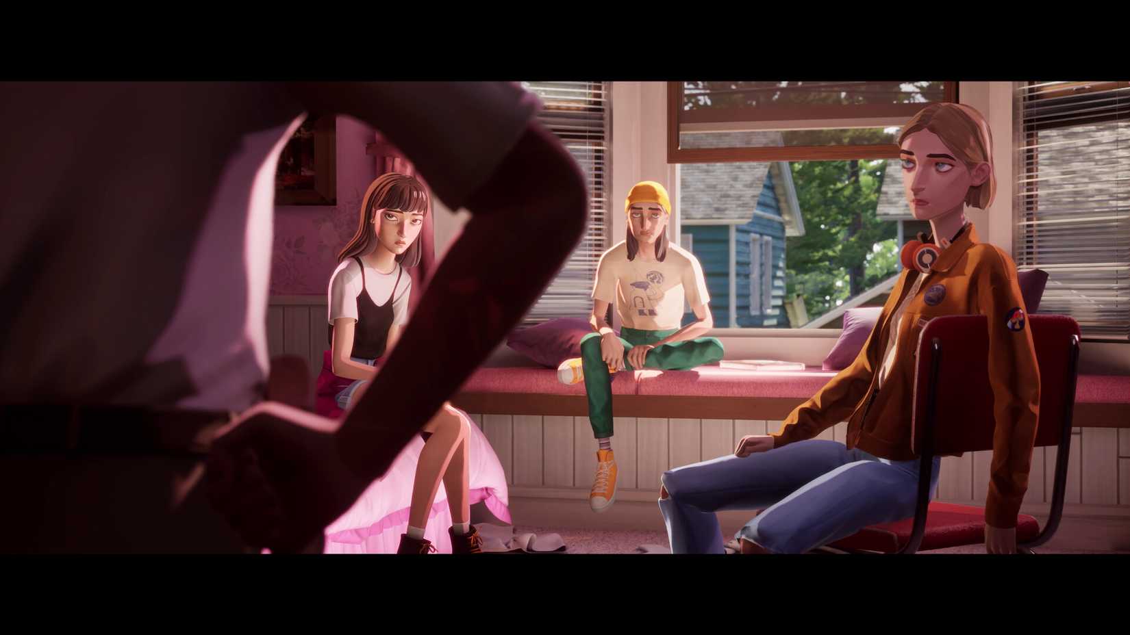 Mixtape friends sitting in a room with an open window behind them