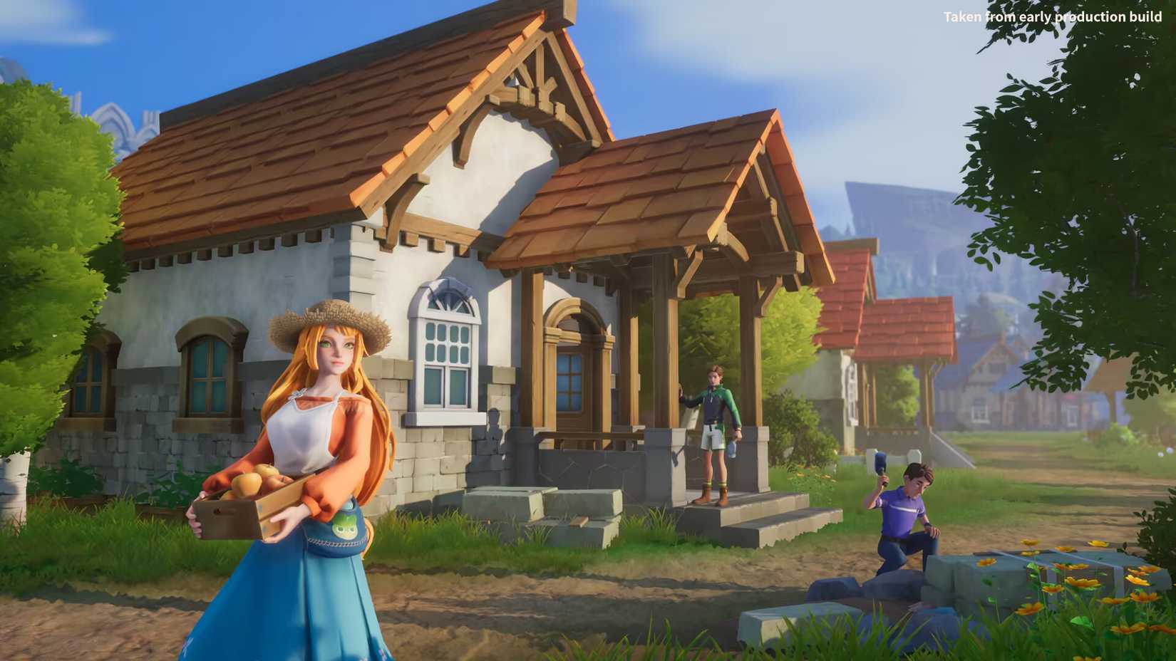 My Time at Evershine Screenshot of a settler walking through an idyllic suburban town