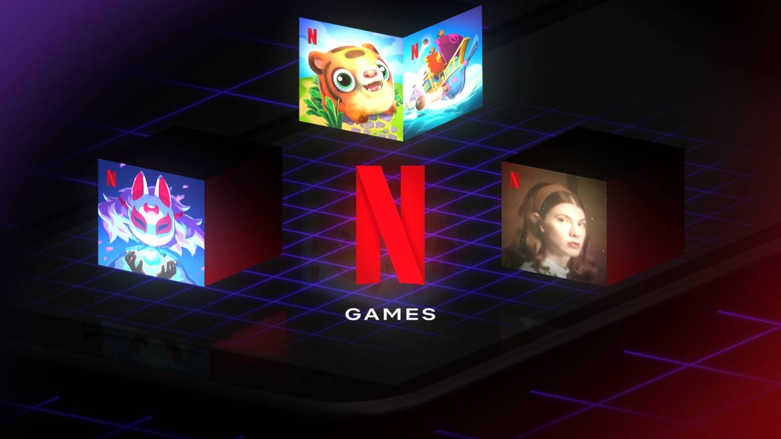 The Netflix Games logo is surrounded by three images of games.