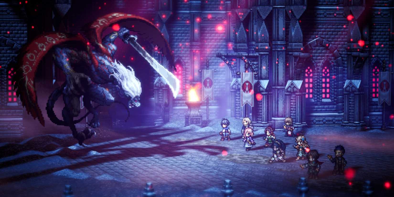 Eight characters face Tytos The Thunderblade in Octopath Traveler 0.