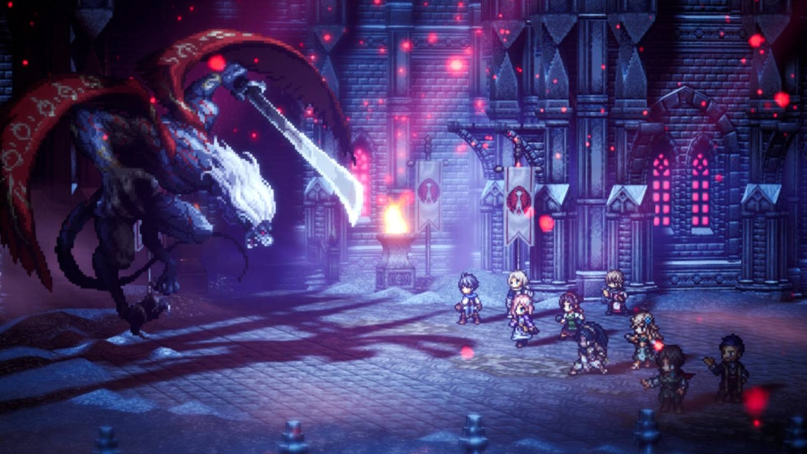 Eight characters face Tytos The Thunderblade in Octopath Traveler 0.