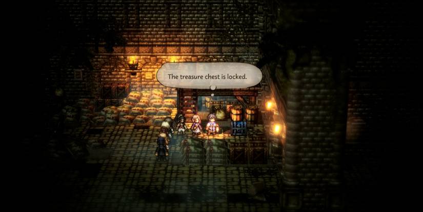 Octopath Traveler 0 personaggi di fronte a una cassa blu chiusa.