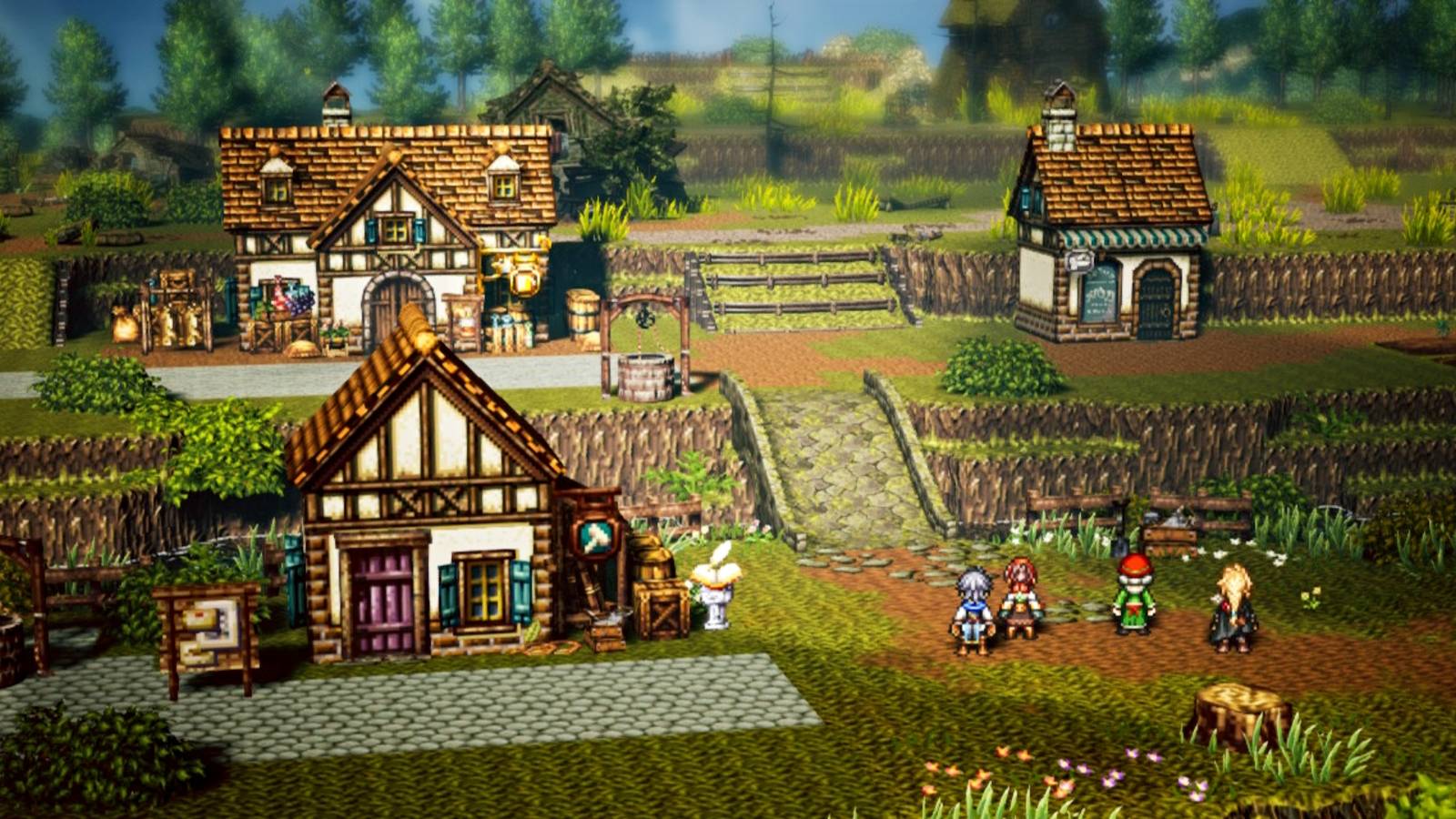 Residents of Wishvale look at the town as its restoration process is underway in Octopath Traveler 0.