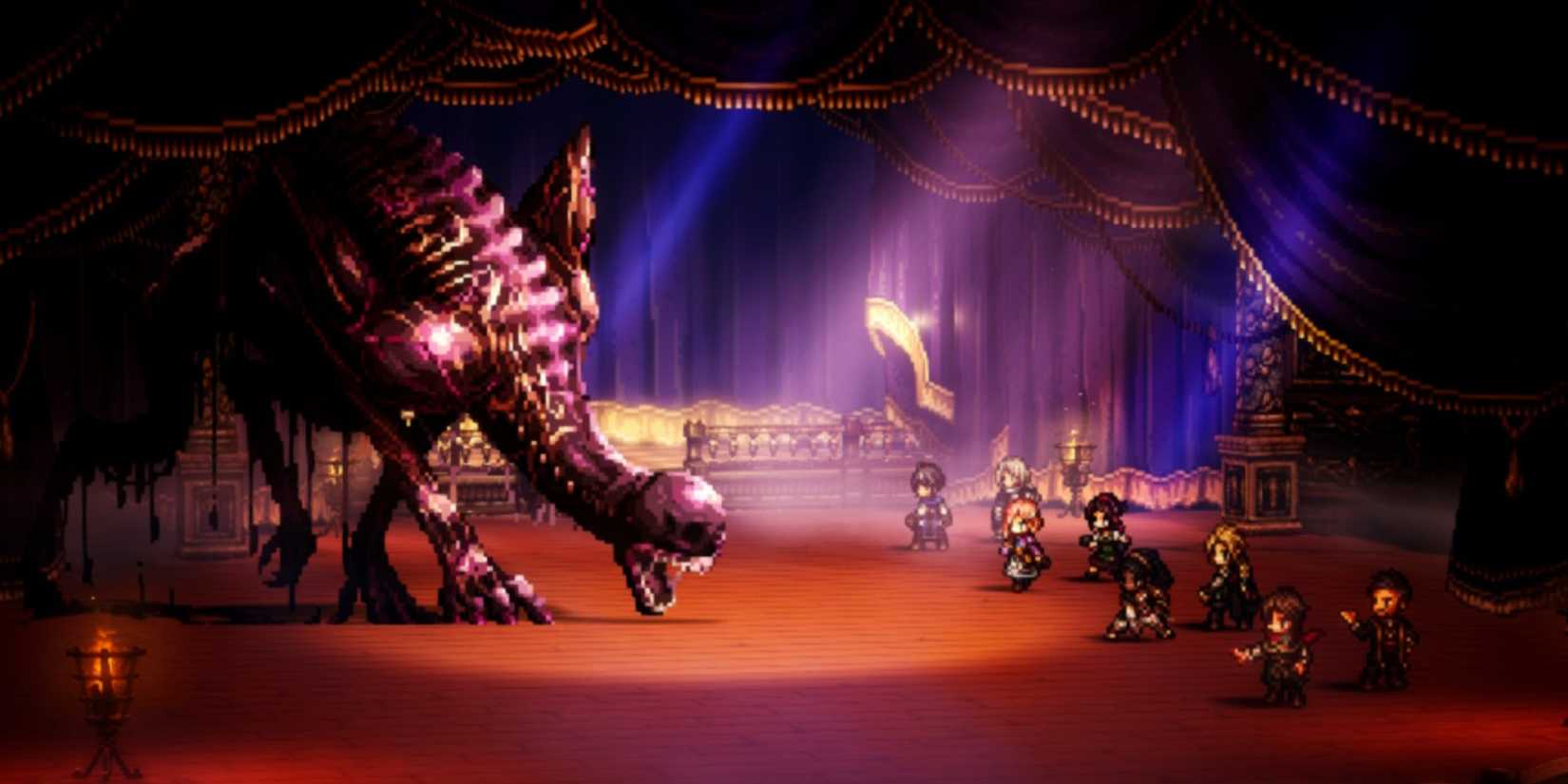 A party of eight characters faces Auguste Prince of Thieves in Octopath Traveler 0.