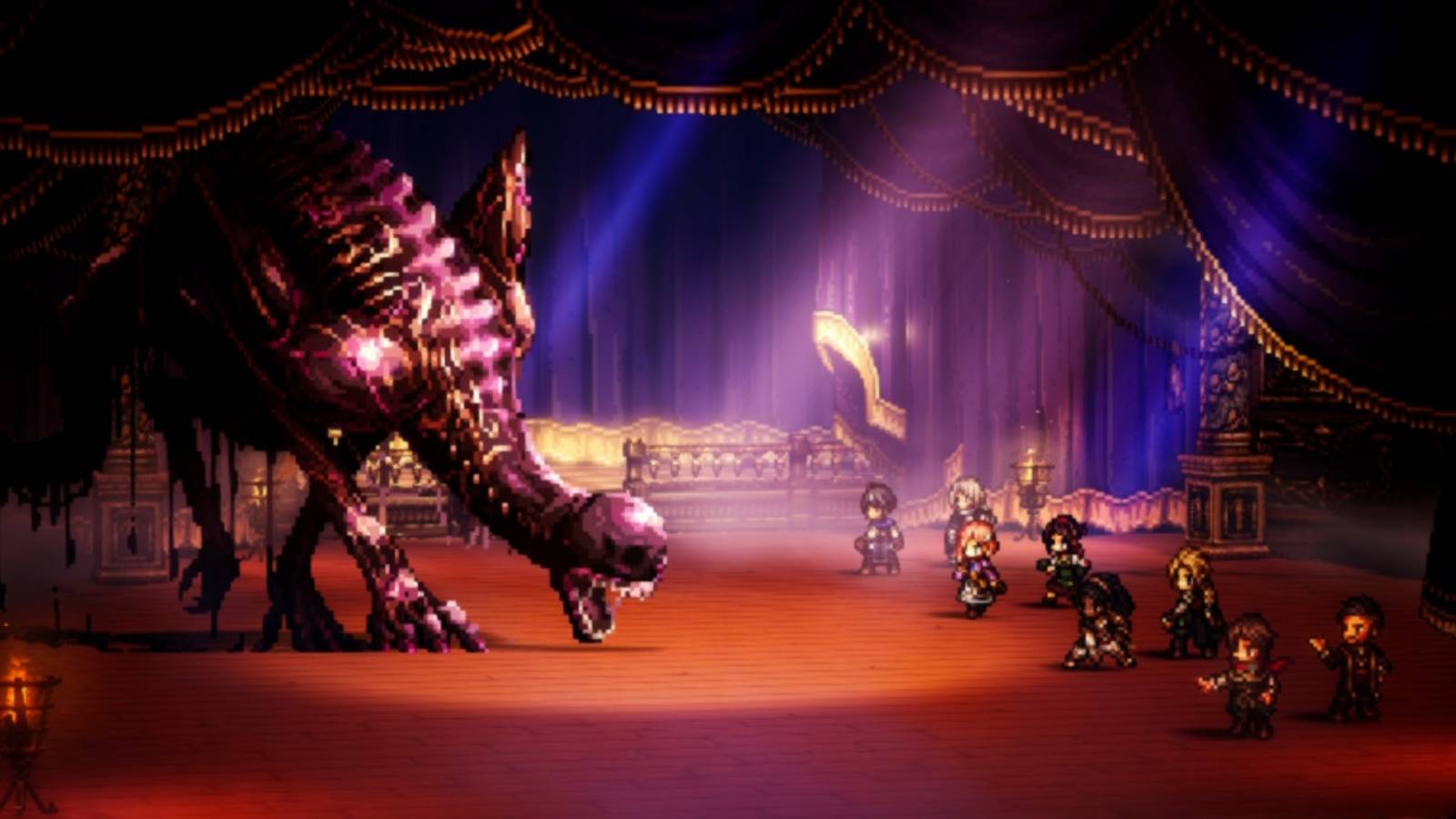A party of eight characters faces Auguste Prince of Thieves in Octopath Traveler 0.