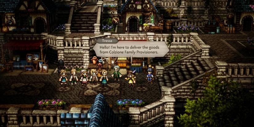 Tressa speaks to merchants in Theatropolis in Octopath Traveler 0.