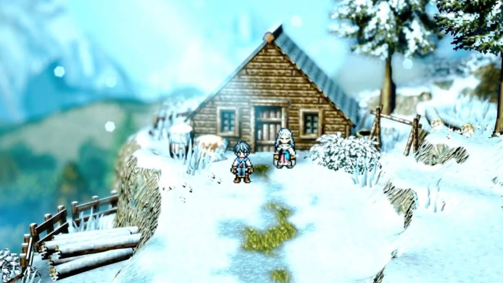 The protagonist next to an old man in front of a hut surrounded by snow in Octopath Traveler 0.