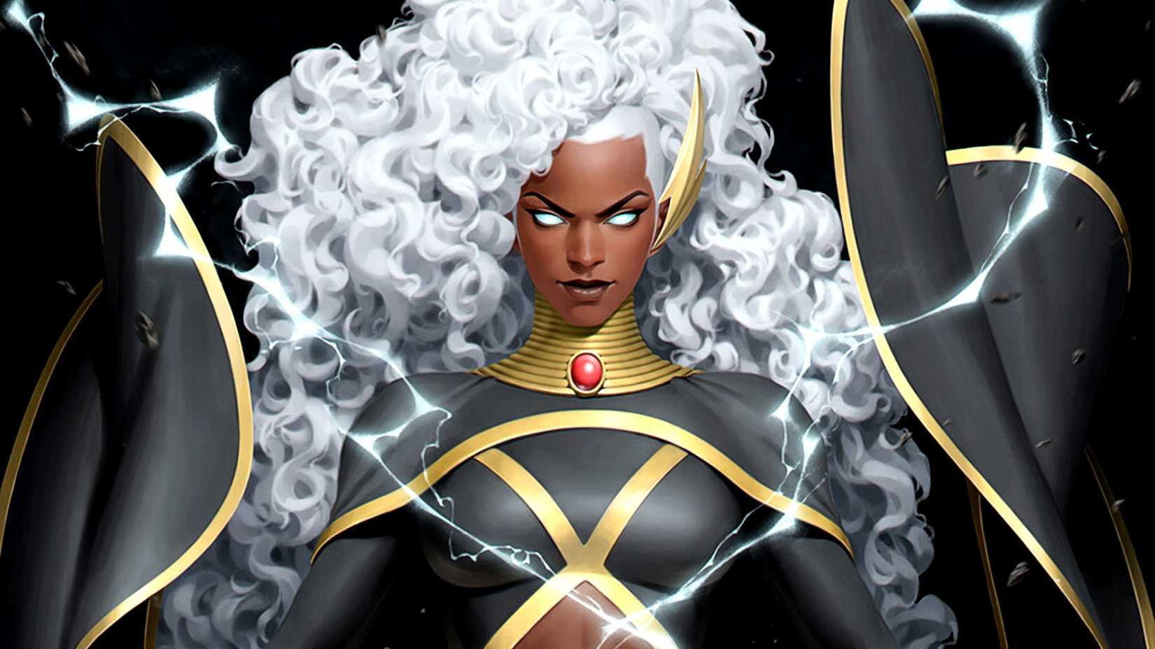 Ororo Munroe aka Storm casts lighting as her hair and cape flow in the wind
