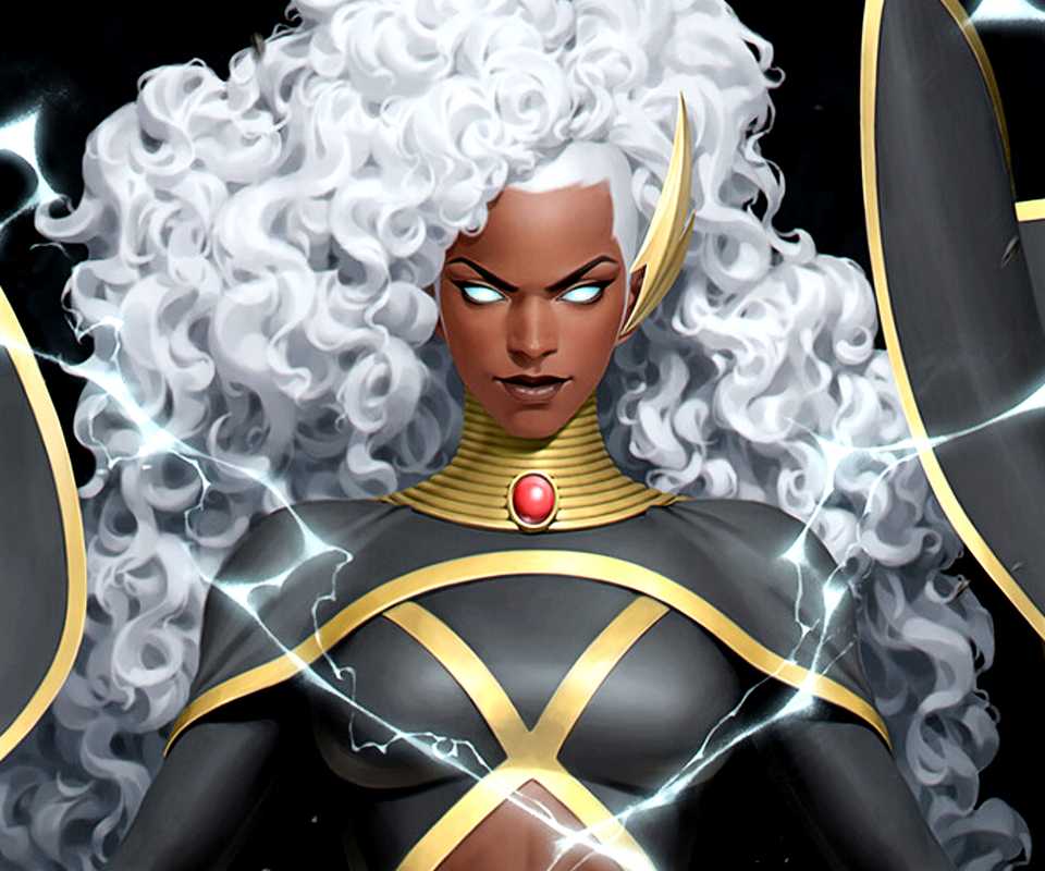 Ororo Munroe aka Storm casts lighting as her hair and cape flow in the wind