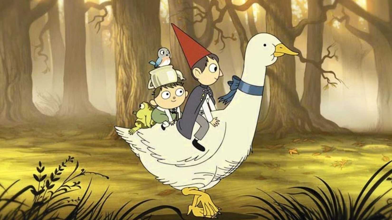 Wirt, Gregory e Beatrice em um pato em Over The Garden Wall.