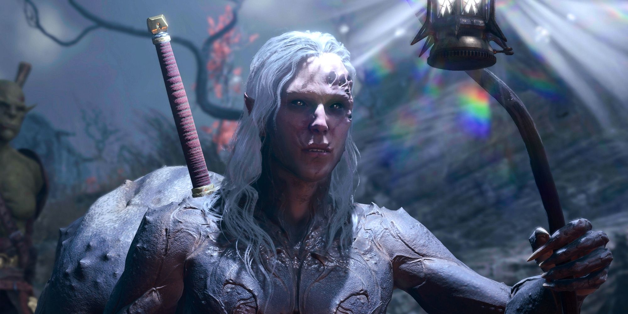 Kar'Niss holds up a lantern in Baldur's Gate 3.