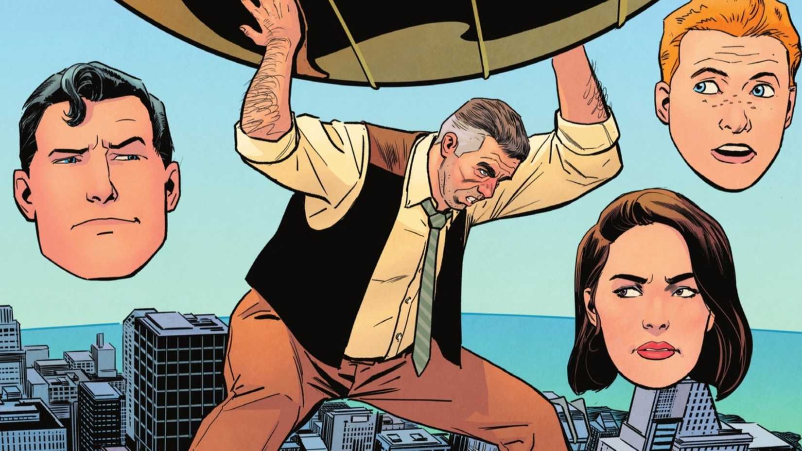 Perry White holding up the Daily Planet globe as the floating heads of Clark Kent, Jimmy Olsen, and Lois Lane look on.