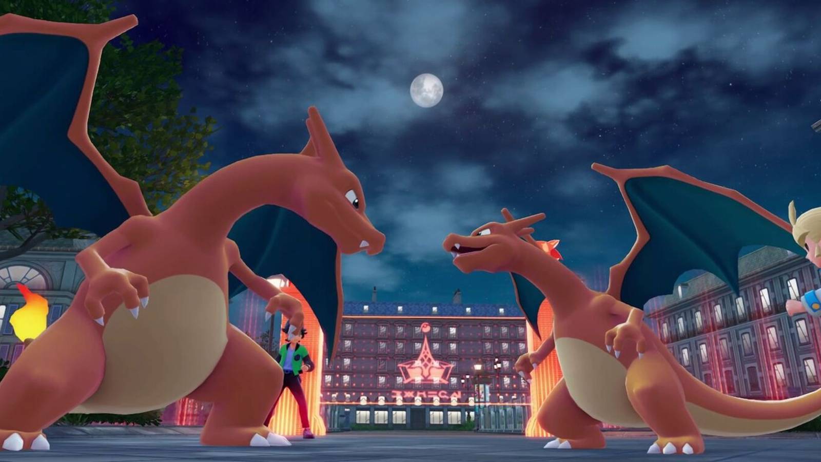 An Alpha Charizard looks down on a regular one in Pokemon Legends Z-A.