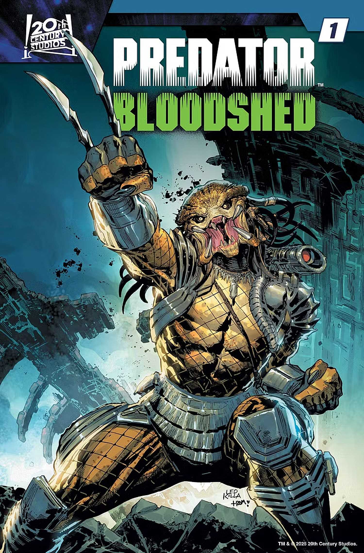 Predator Bloodshed #1 cover, a Predator lashing out with a blade