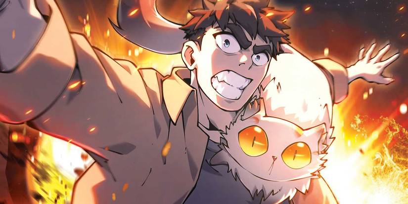 Princesa Donut no ombro de Carl com chamas atrás deles em Dungeon Crawler Carl.