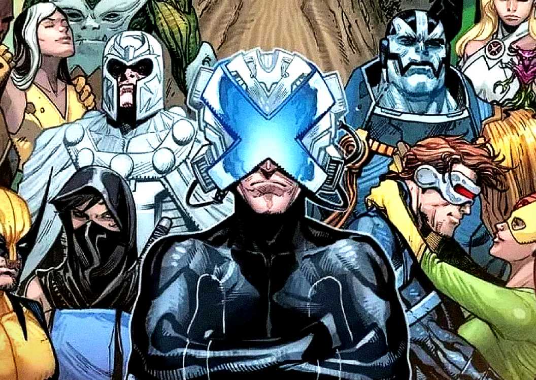 Professor Charles Xavier crosses his arms in front of the X-Men, their villains, and Krakoa in House of X