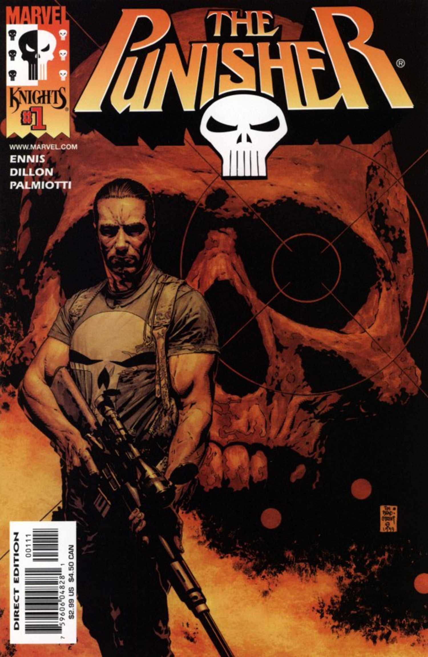 Punisher #1 cover, Punisher holding a sniper rifle against a skull backdrop