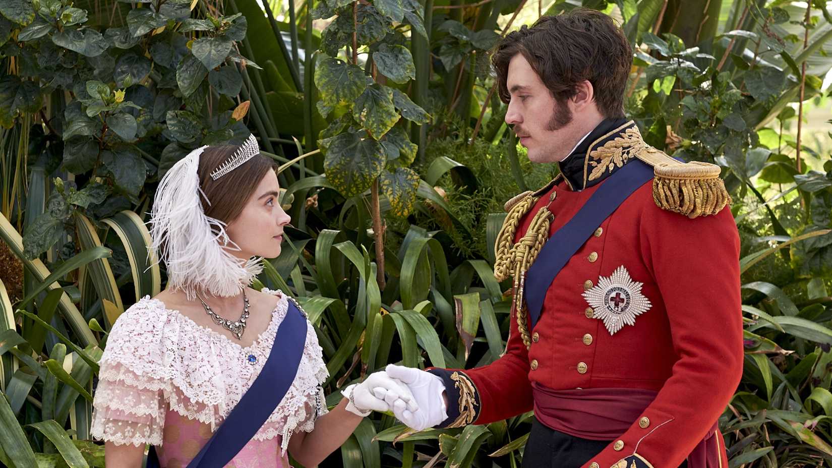 queen victoria jenna coleman holding prince albert s tom hughes hand in victoria