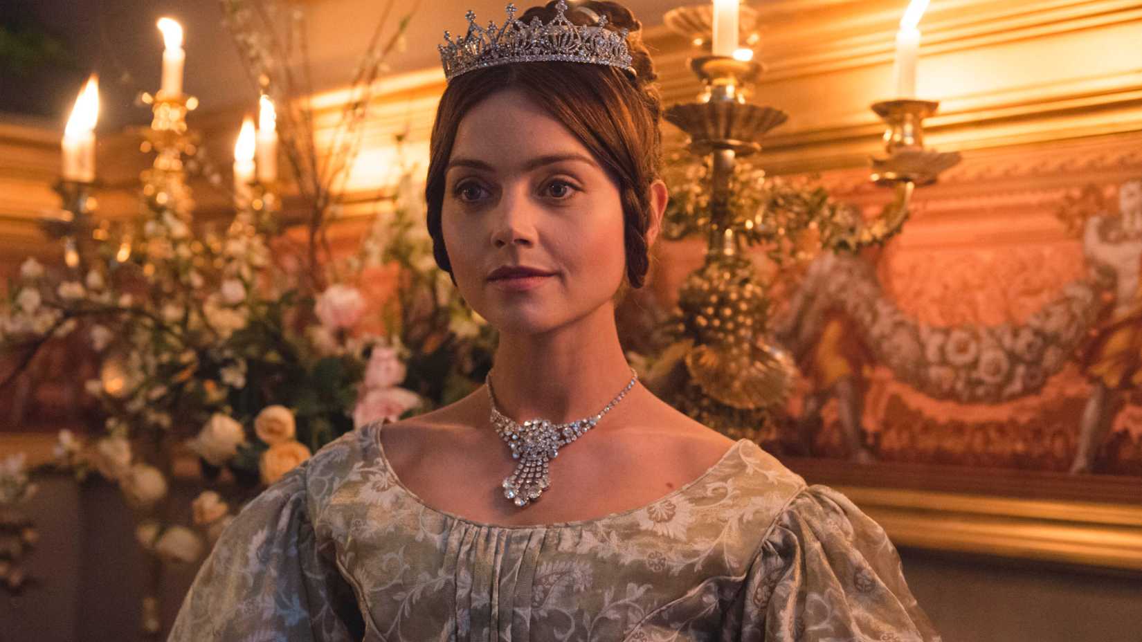 queen victoria jenna coleman wearing a tiara in downton abbey