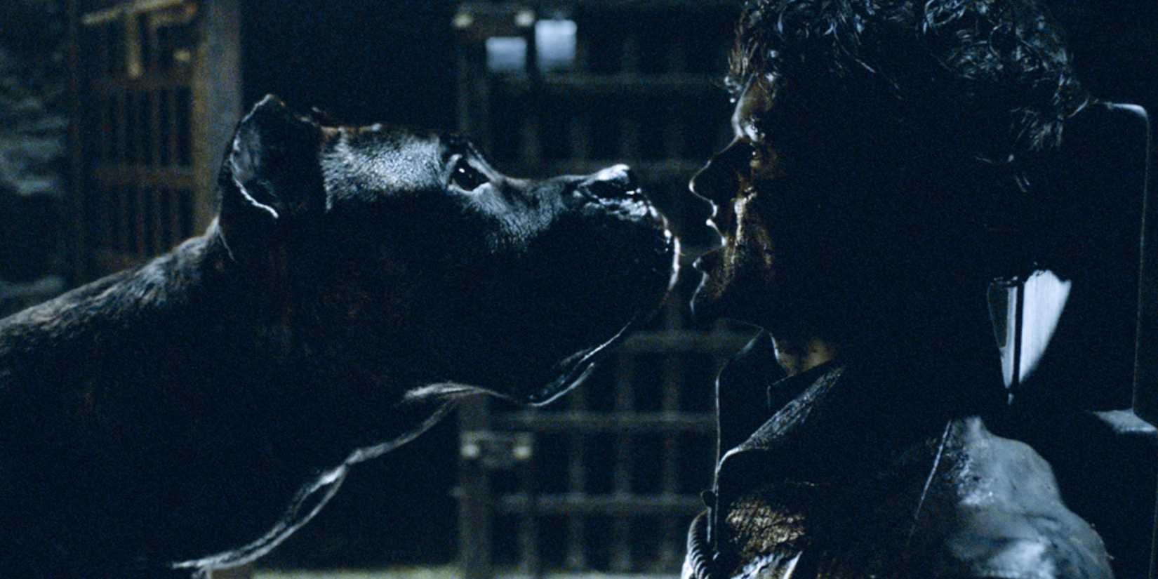 Ramsay Bolton being sniffed by a hound in Game of Thrones