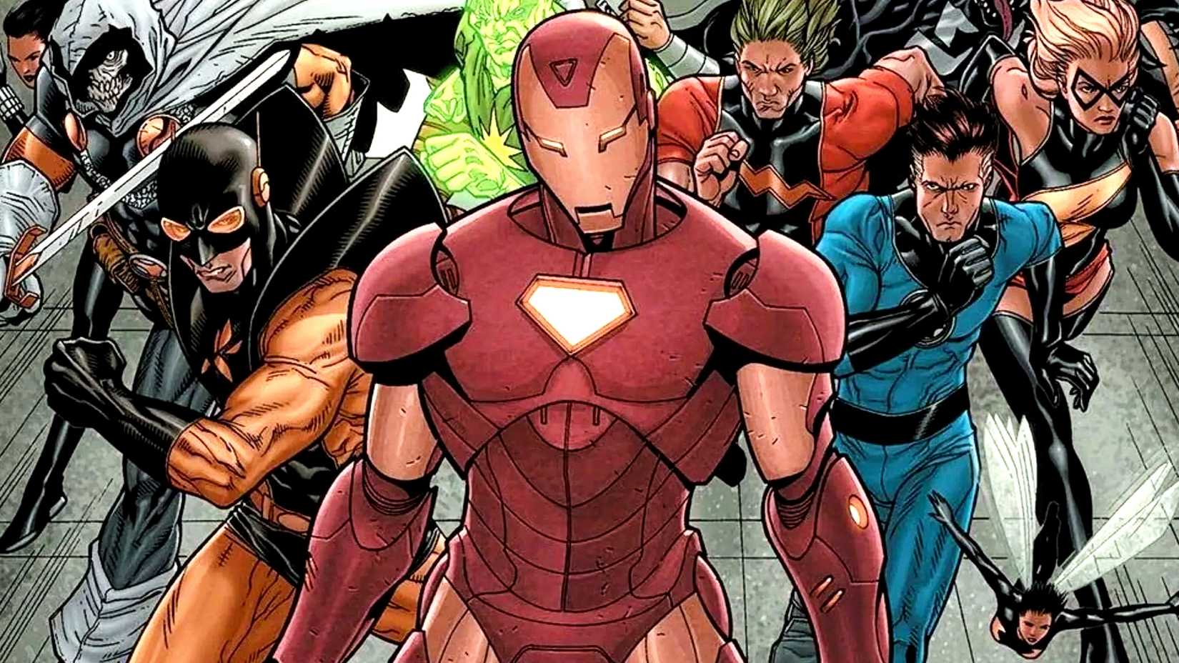 Reed Richards, Yellowjacket, Captain Marvel, Taskmaster, and other Marvel characters run around Iron Man