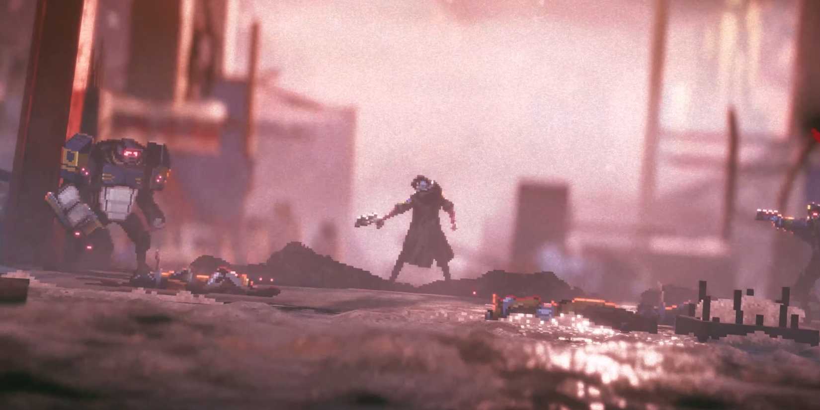 A character points a firearm at a fallen combatant in Replaced.