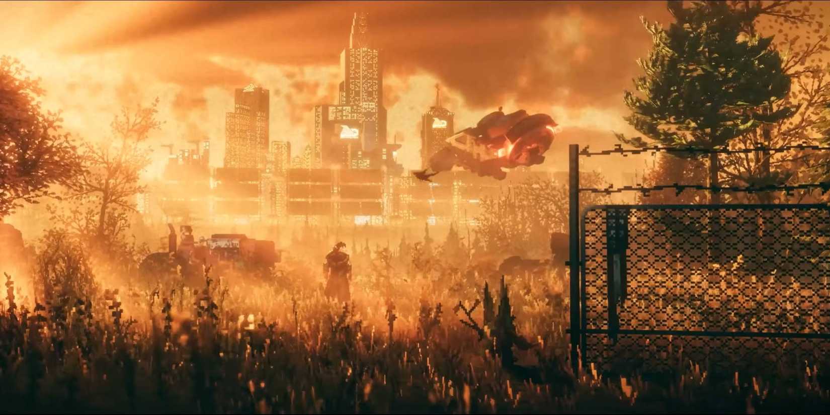 A cyberpunk city in Replaced.