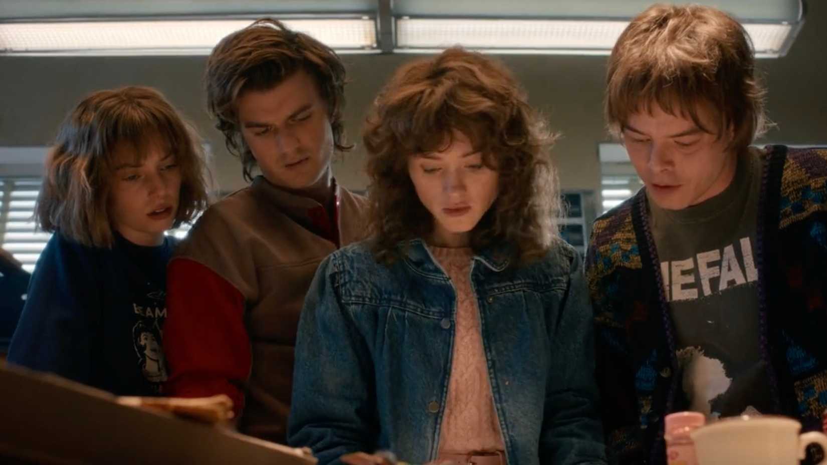 Robin Steve Nancy and Jonathan look at something in Stranger Things season 5
