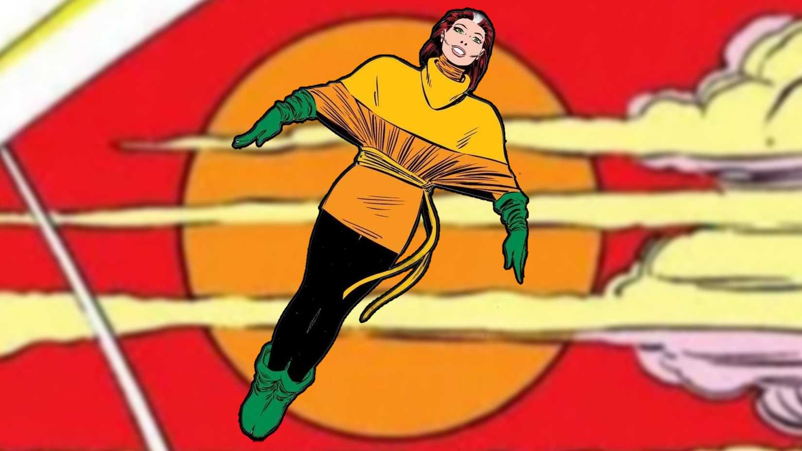 Rogue flies in front of the sunset in a tunic costume. 