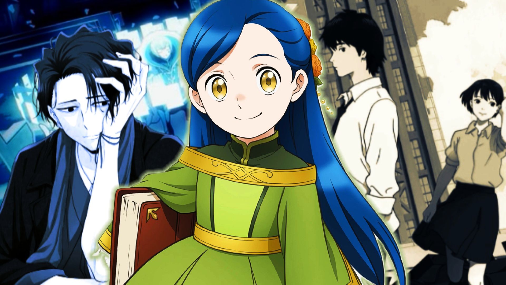 Rosemyne from Ascendance of a Bookworm in front of characters from No Longer Allowed in Another World and Sonny Boy