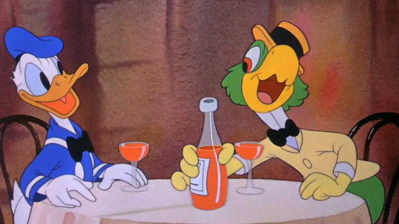 Donald shares a drink with another bird in Saludos Amigos