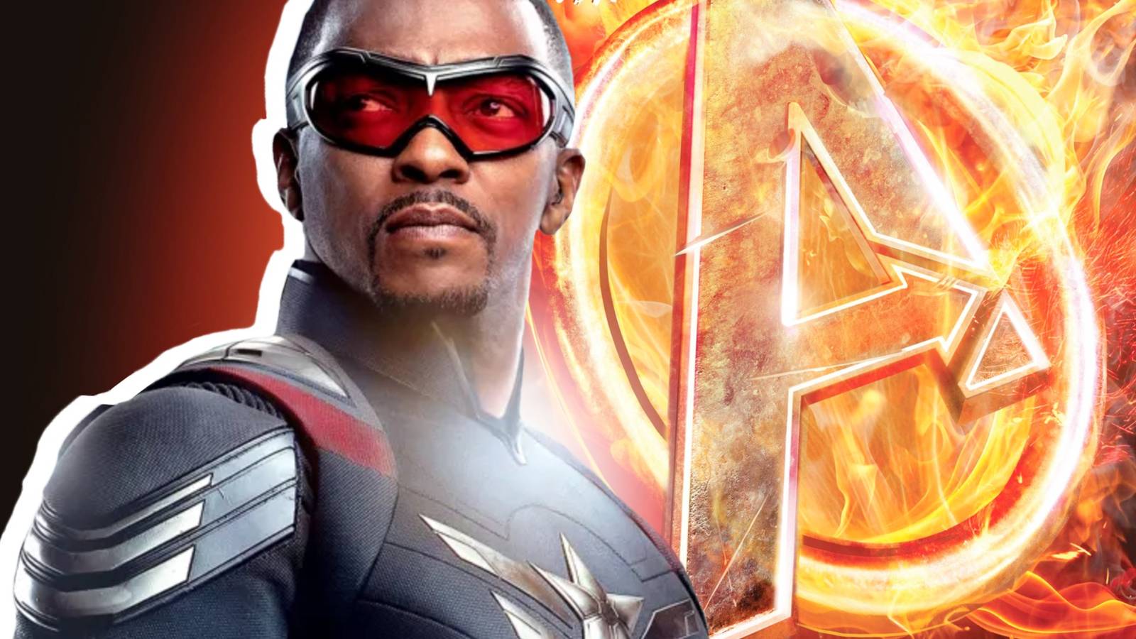 sam wilson's captain america alongside a burning avengers logo