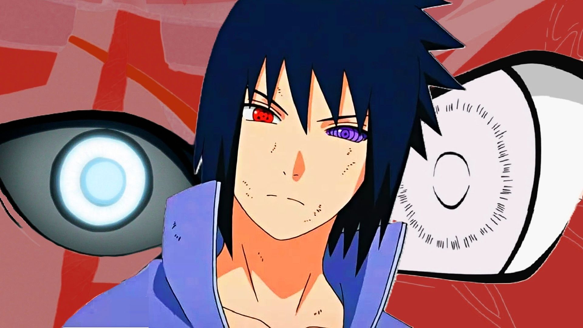 Sasuke Uchiha in front of the Jougan and Byakugan from Naruto
