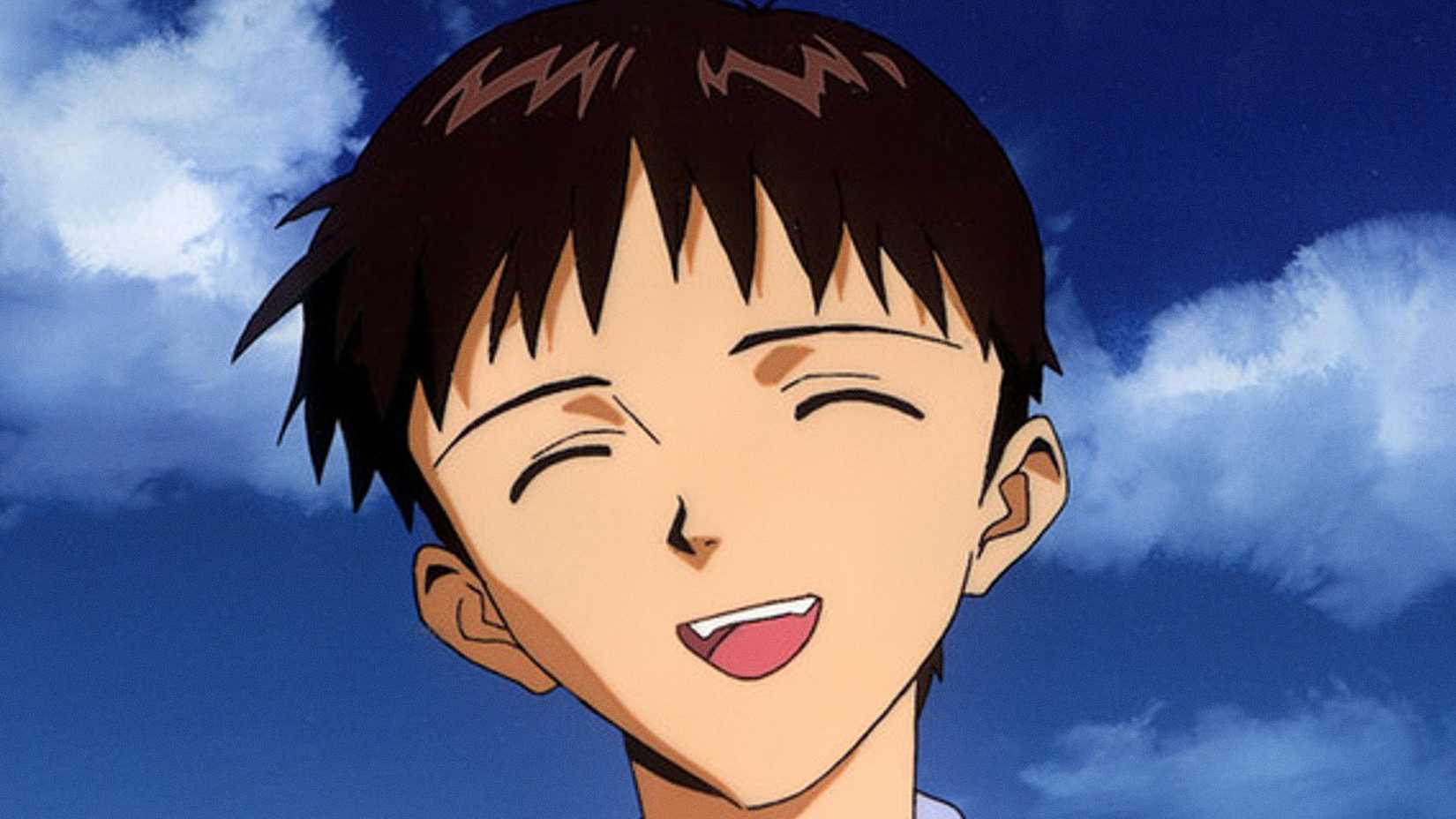 Shinji smiling with the clouds behind him in the final episode of Neon Genesis Evangelion.
