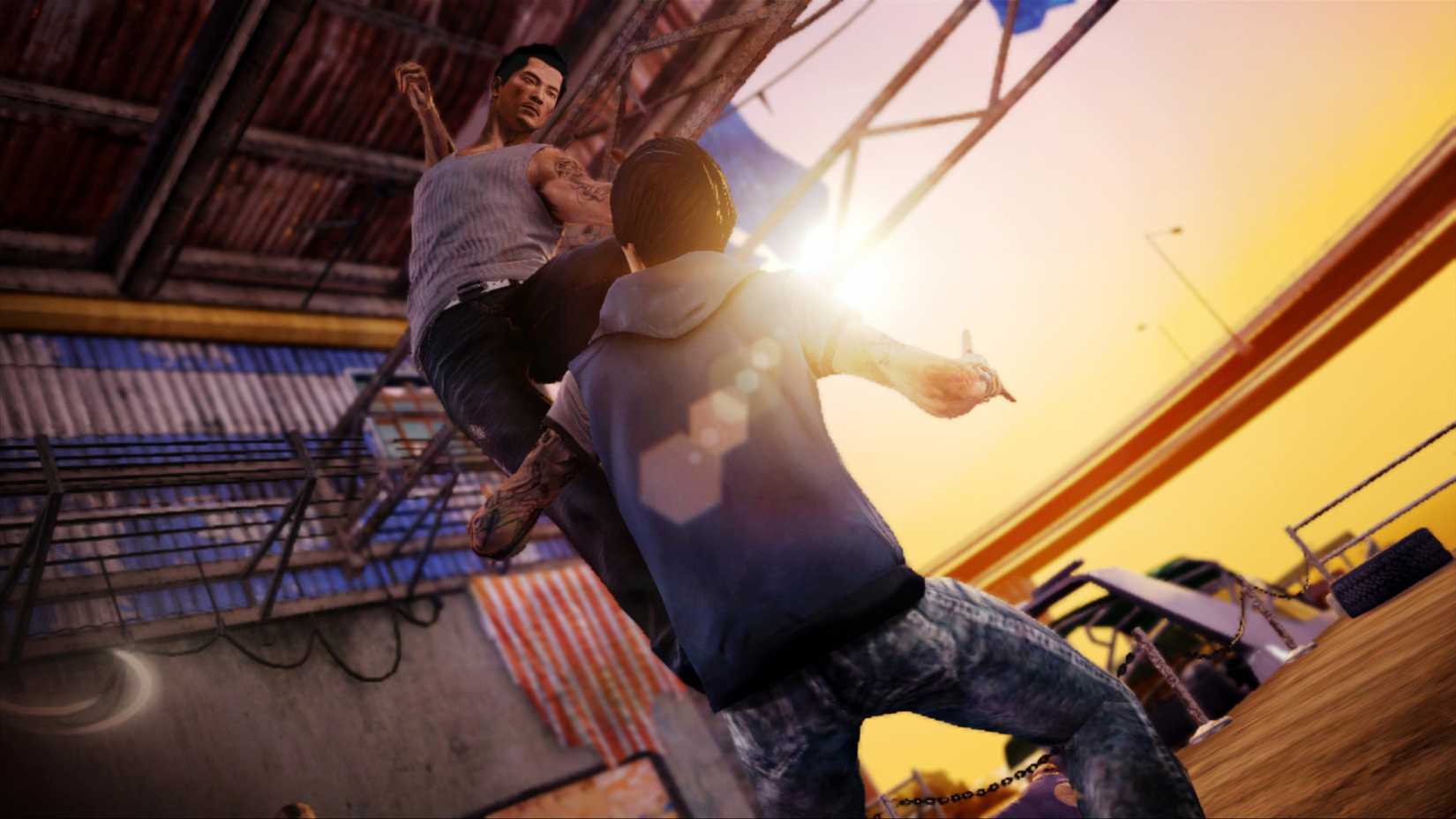 Sleeping Dogs character in mid-air about to punch another character