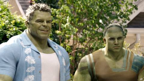 Smart Hulk and Skarr stand together at She-Hulk's house